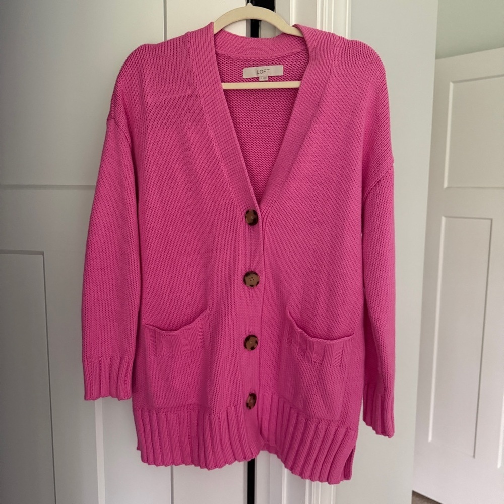 LOFT Pink Ribbed Button Cardigan Relaxed Fit Sweater